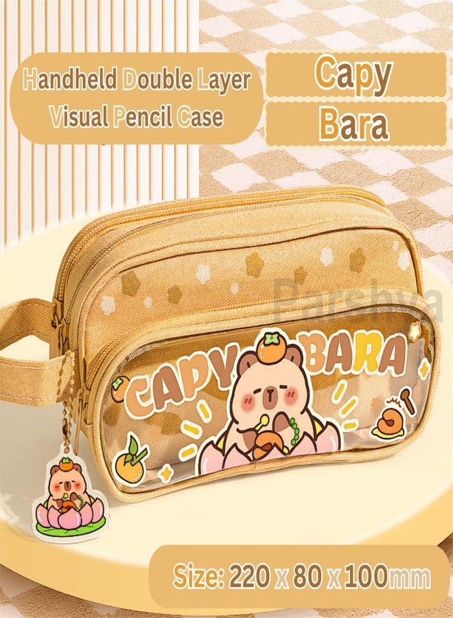 Parshya Canvas Large Capacity Transparent Cartoon Print Pencil Case 3 Layer Cute Aesthetic Pencil Case for Girls Multifunctional Stationery Organizer for School Office (Keychain Not Included) - Image 2